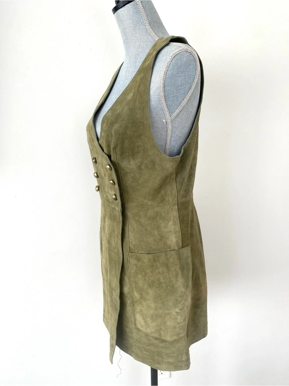 Free People Stevie Mini Dress Olive Green Suede Double-Breasted Sz 6 Military